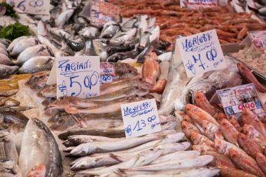 Palermo, Sicilya geleneksel Pazar balıklara renkli seçimi