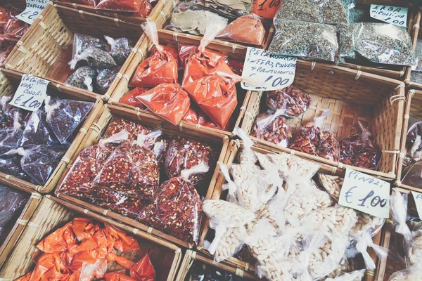 Many different traditional italian colorful spices at market in — Stock Photo, Image