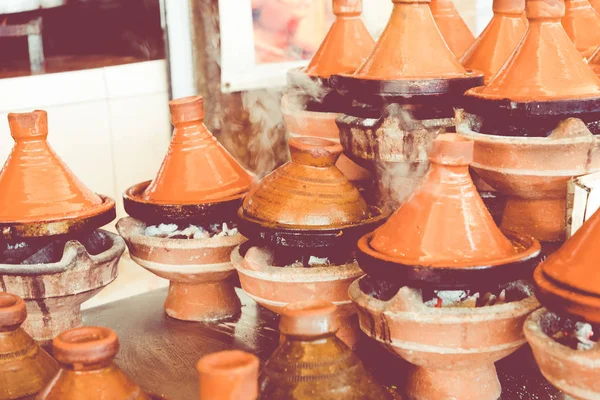 Preparing food in tajin traditional dish in Morocco - meat and v — Stock Photo, Image