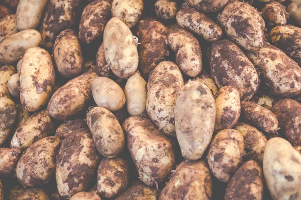 Patatoes lined on a counter of open market — Stock Photo, Image