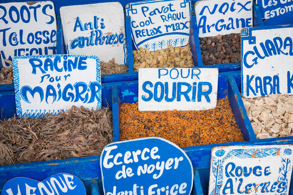 Selection of spices on a traditional Moroccan market (souk) in M