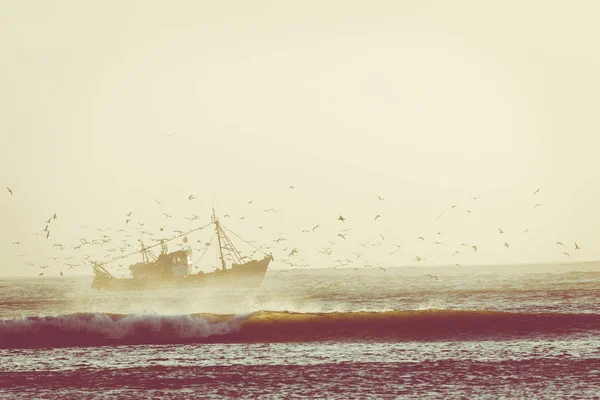 İçinde belgili tanımlık geçmiş Essaouira, Fas, gün batımı ile balıkçı teknesi — Stok fotoğraf