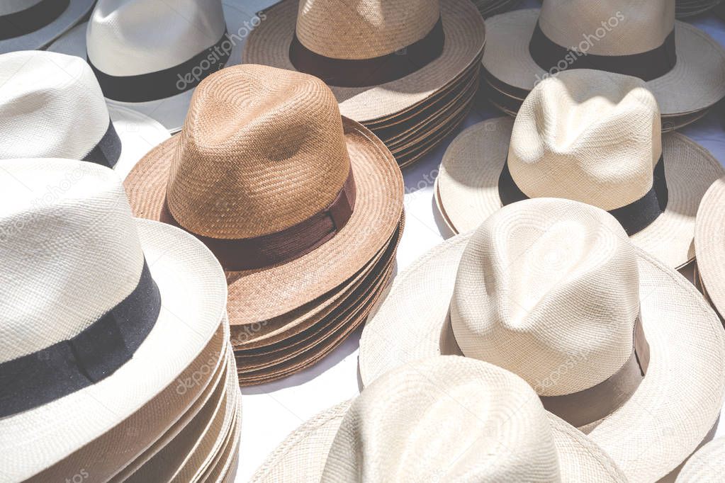 Handmade Panama Hats at the traditional outdoor market. Popular 