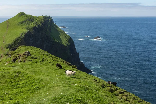 View on the Mykines island with moody clouds covering the top of — Stock Photo, Image