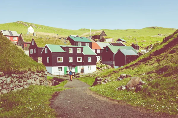 Bellissimo villaggio di Mykines con case colorate con erba su — Foto Stock