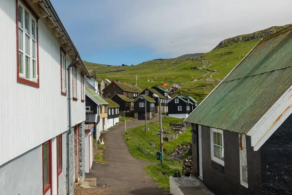 Hermoso pueblo de Mykines con casas coloridas con hierba en — Foto de Stock