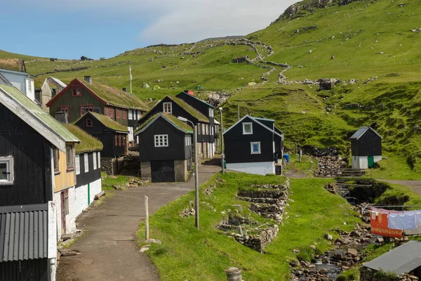 Чудове село Микинів з барвистими будинками з травою. — стокове фото