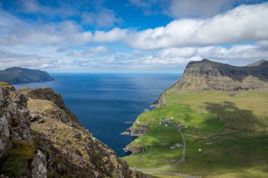 The Landscape near village of Gasadalur, Faroe Islands. Denmark.