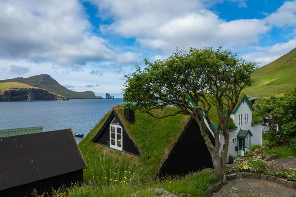 Pueblo Bour. Típicas casas con techo de hierba y montañas verdes. ¡Vag! —  Fotos de Stock