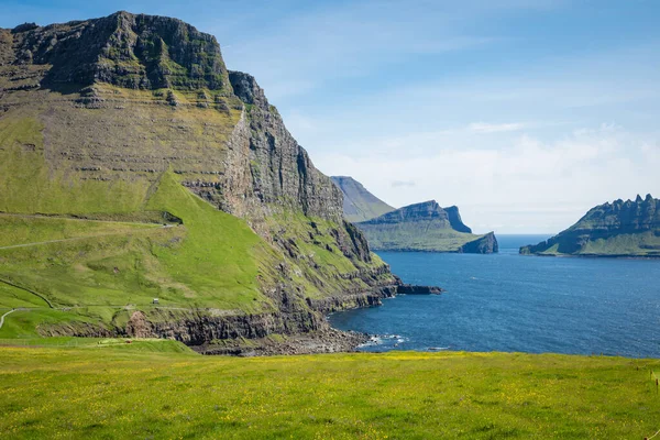 The Landscape near village of Gasadalur, Faroe Islands. Denmark. — Stok fotoğraf