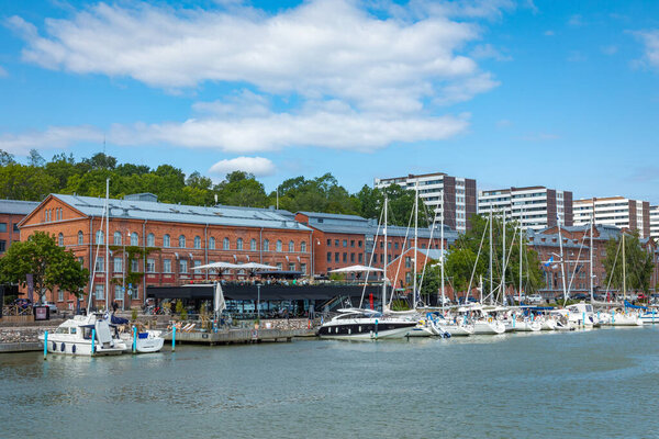 TURKU, FINLAND - AUGUST 02, 2019: View to the Aura river in Turk
