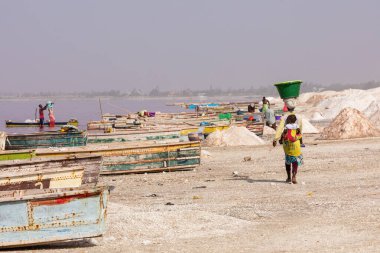 Lac Rose, Senegal - 13 Kasım 2019: İnsanlar tuz topluyor