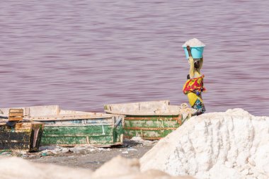 Lac Rose, Senegal - 13 Kasım 2019: İnsanlar tuz topluyor