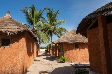 Senegal 'deki geleneksel turizm beldesi. Büyük yeşil palmiyeler.