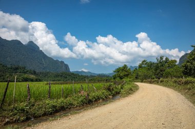 Tropik köy Vang Vieng, Laos. Yeşil avuç içleri.