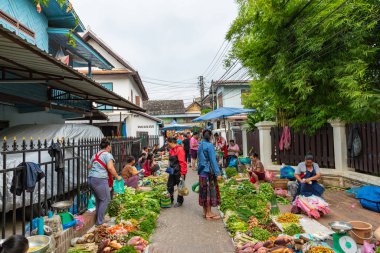 meyve ve sebzeler üzerinde bir semt pazarı, laos
