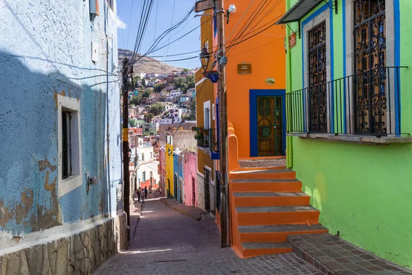 Colored colonial houses in old town of Guanajuato. Colorful alleys and narrow streets in Guanajuato city, Mexico. Spanish Colonial Style.