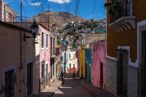 Colored colonial houses in old town of Guanajuato. Colorful alleys and narrow streets in Guanajuato city, Mexico. Spanish Colonial Style.