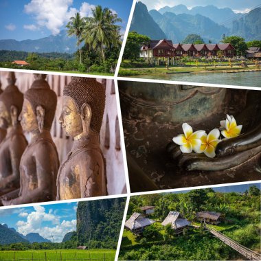 Laos 'taki popüler turizm merkezlerinin kolajı. Seyahat geçmişi. Güneydoğu Asya. 
