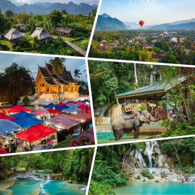 Laos 'taki popüler turizm merkezlerinin kolajı. Seyahat geçmişi. Güneydoğu Asya. 