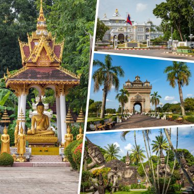 Laos 'taki popüler turizm merkezlerinin kolajı. Seyahat geçmişi. Güneydoğu Asya. 