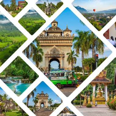 Laos 'taki popüler turizm merkezlerinin kolajı. Seyahat geçmişi. Güneydoğu Asya. 