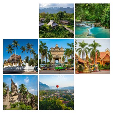 Laos 'taki popüler turizm merkezlerinin kolajı. Seyahat geçmişi. Güneydoğu Asya. 