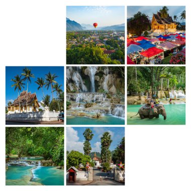 Laos 'taki popüler turizm merkezlerinin kolajı. Seyahat geçmişi. Güneydoğu Asya. 