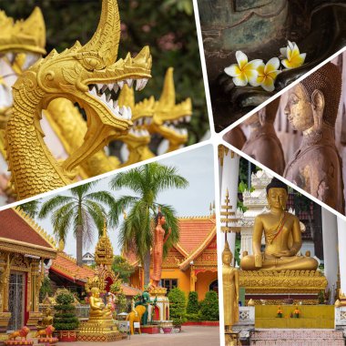 Laos 'taki popüler turizm merkezlerinin kolajı. Seyahat geçmişi. Güneydoğu Asya. 