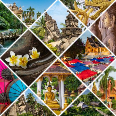 Laos 'taki popüler turizm merkezlerinin kolajı. Seyahat geçmişi. Güneydoğu Asya.