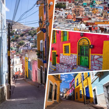 Guanajuato, Meksika 'daki popüler turizm merkezleri kolajı. Seyahat arkaplanı.