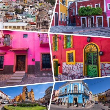 Guanajuato, Meksika 'daki popüler turizm merkezleri kolajı. Seyahat arkaplanı.