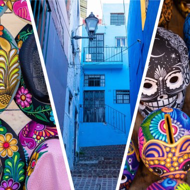 Guanajuato, Meksika 'daki popüler turizm merkezleri kolajı. Seyahat arkaplanı.