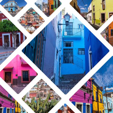 Guanajuato, Meksika 'daki popüler turizm merkezleri kolajı. Seyahat arkaplanı.