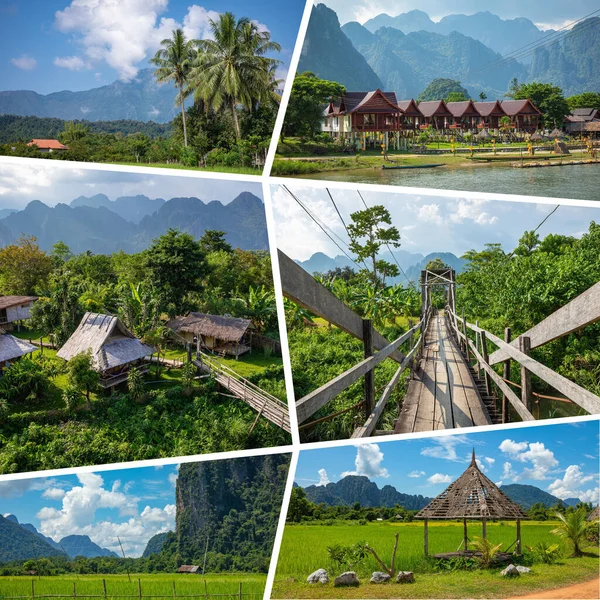 Collage Beliebter Touristenziele Laos Reisehintergrund Südostasien — Stockfoto