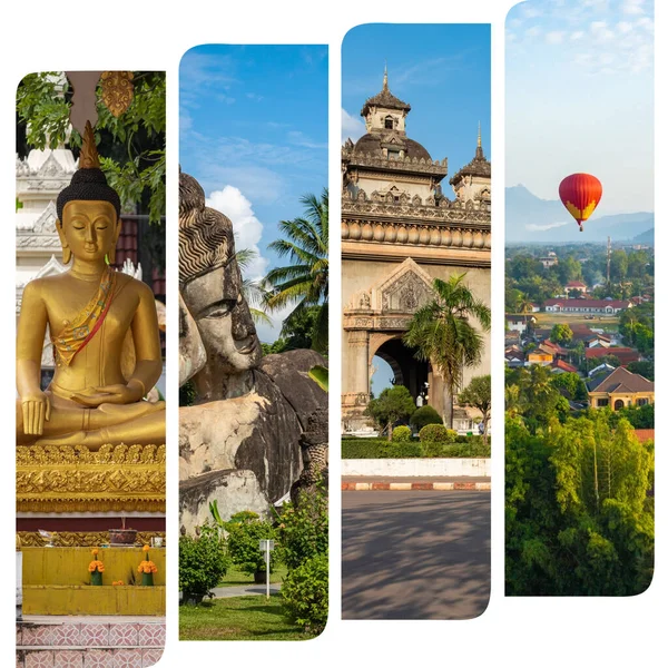 Collage Popular Tourist Destinations Laos Travel Background Southeast Asia — Stock Photo, Image