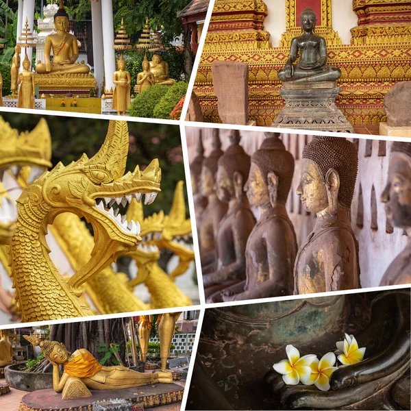 Collage Destinos Turísticos Populares Laos Antecedentes Asia Sudoriental — Foto de Stock