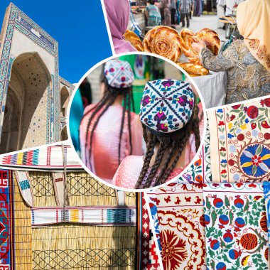 Özbekistan 'daki popüler turizm merkezlerinin kolajı. Seyahat geçmişi. Orta Asya.