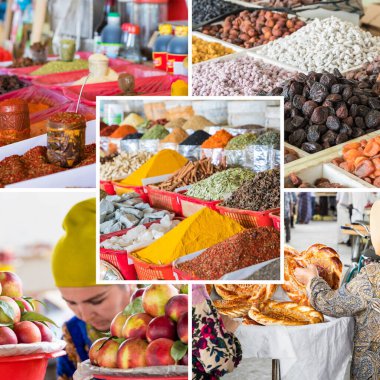 Özbekistan 'daki popüler turizm merkezlerinin kolajı. Seyahat geçmişi. Orta Asya.