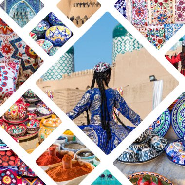 Collage of popular tourist destinations in Uzbekistan. Travel background. Central Asia. clipart