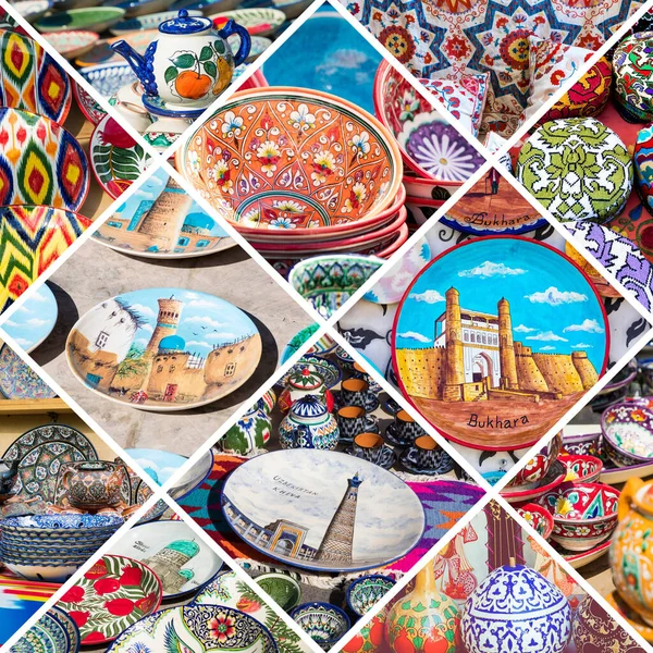 Collage Destinazioni Turistiche Popolari Uzbekistan Sfondo Viaggio Asia Centrale — Foto Stock