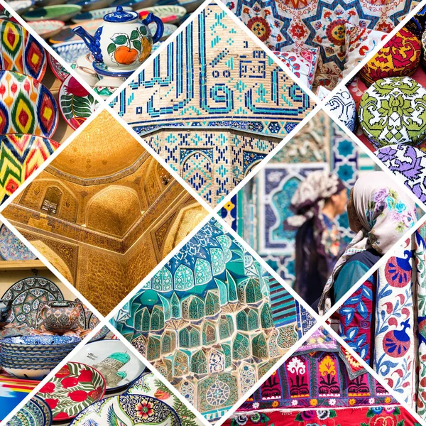 Koláž Oblíbených Turistických Destinací Uzbekistánu Cestovní Minulost Střední Asie — Stock fotografie