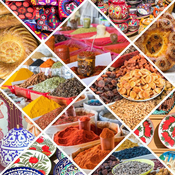 Özbekistan 'daki popüler turizm merkezlerinin kolajı. Seyahat geçmişi. Orta Asya.