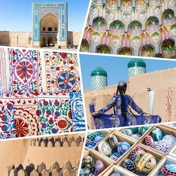 Collage Destinos Turísticos Populares Uzbekistán Antecedentes Países Asia Central —  Fotos de Stock