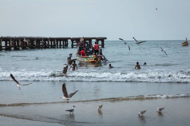 Serrekunda, Gambiya - 21 Kasım 2019: Teknelerden Serrekunda, Gambiya, Batı Afrika sahillerine balık taşıyan erkek ve kadınların sahnesi.