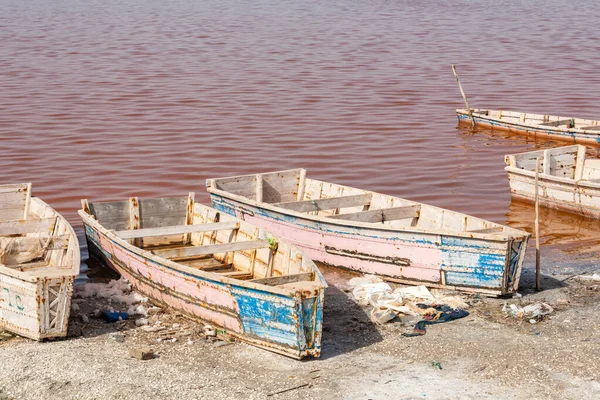 Barcos Lac Rose Retba Lake Dakar Senegal África Ocidental Património — Fotografia de Stock
