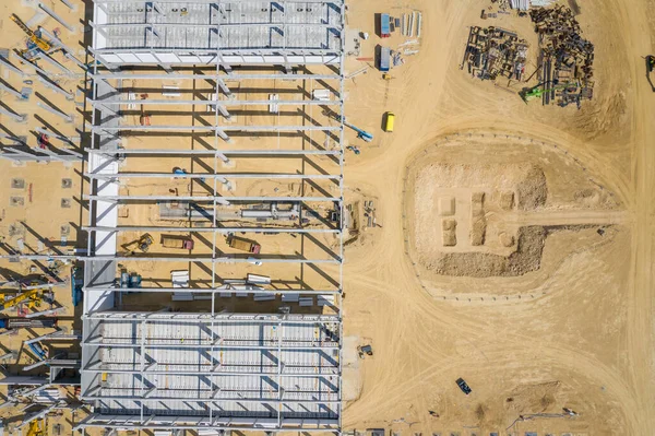 Local Construção Cima Vista Superior Fábrica Construção Com Máquinas Pesadas — Fotografia de Stock