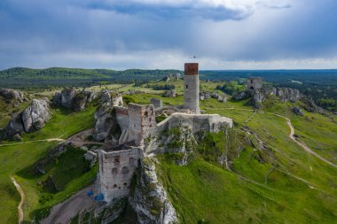 Aerial view of limestone rock formations in green located near Krakow in Poland. Shots from the drone showing the vast green hilly areas of the Cracow Czstochowa highlands. Krakw Czstochowa Jura. clipart