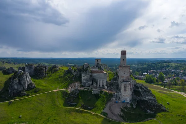 Widok Lotu Ptaka Wzgórze Zamkowe Olsztynie Średniowieczne Ruiny Twierdzy Rejonie — Zdjęcie stockowe