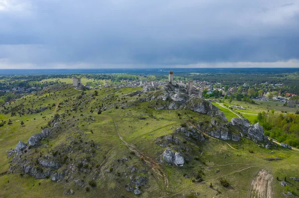 Letecký Pohled Hrad Hill Olsztynu Středověká Pevnost Zřícenina Oblasti Jura — Stock fotografie